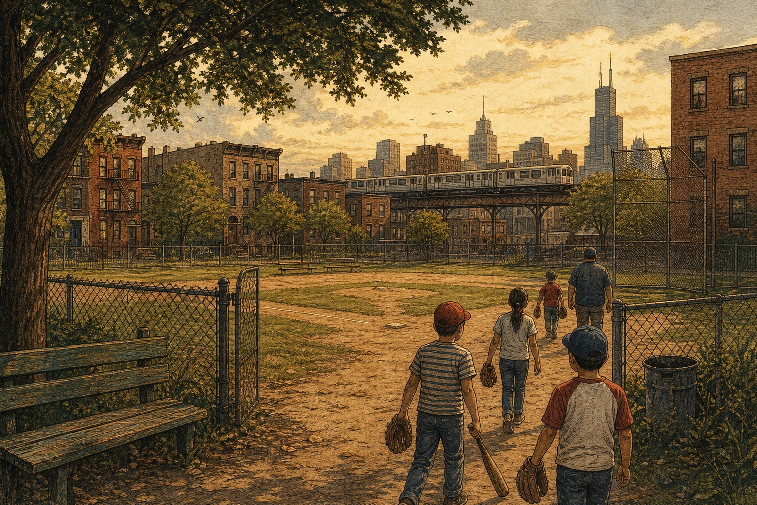 Children carrying gloves and a bat walk through an open gate toward a neighborhood baseball field as an adult and child enter ahead of them. Chicago buildings and an elevated train frame the field.