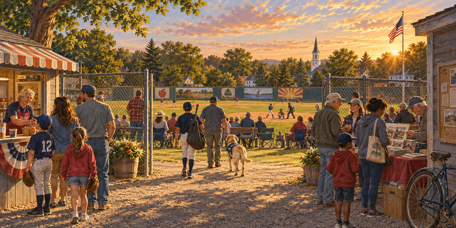 Families, players, neighbors, and a service dog enter a community baseball field at sunset while a game and local gathering unfold beyond the gate.