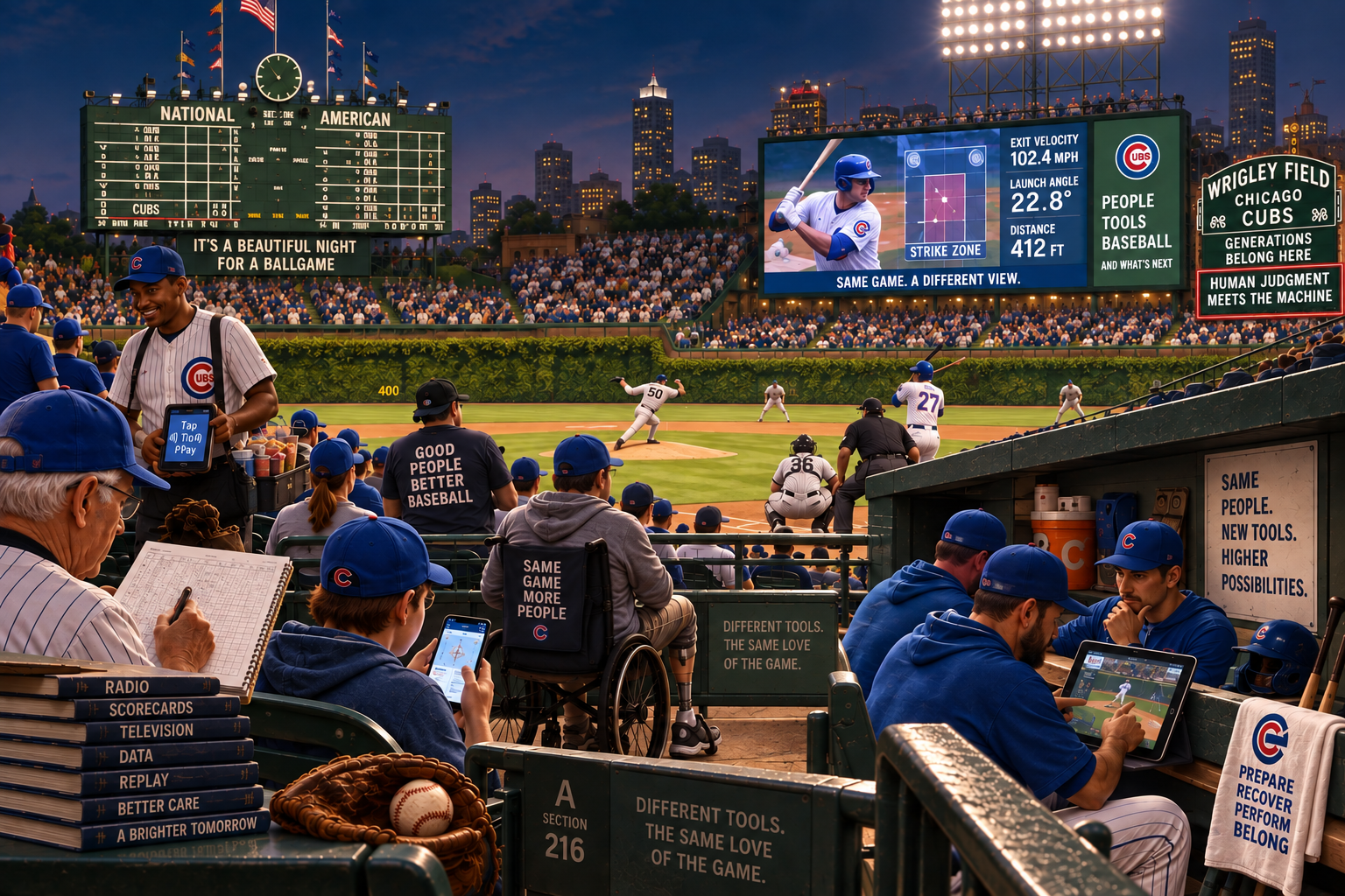 A night game at Wrigley Field brings together a scorekeeper, fans, a wheelchair user, coaches using tablets, and a data-rich scoreboard. A ballpark sign reads Human Judgment Meets the Machine.
