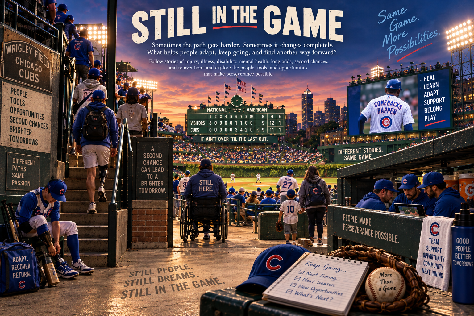 People enter and gather at a ballpark at dusk amid signs of recovery, adaptation, support, second chances, and new opportunities beneath the title Still in the Game.