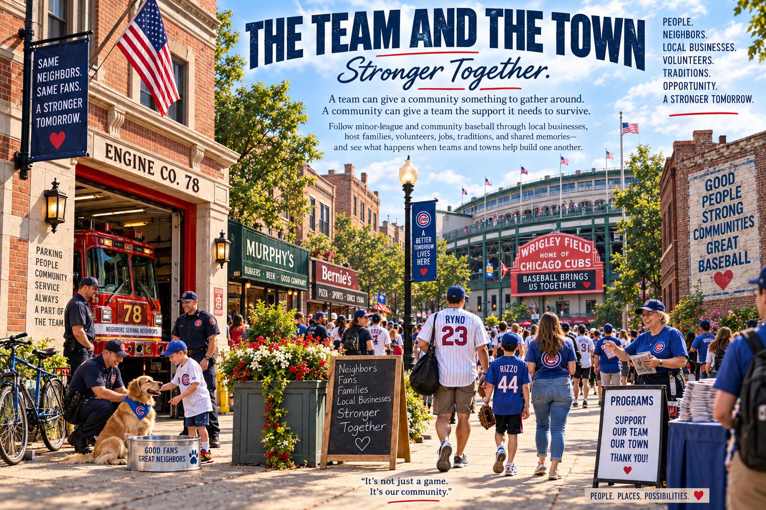 Families, firefighters, neighbors, dogs, bicycles, volunteers, and local businesses fill the streets around Wrigley Field beneath the title The Team and the Town.