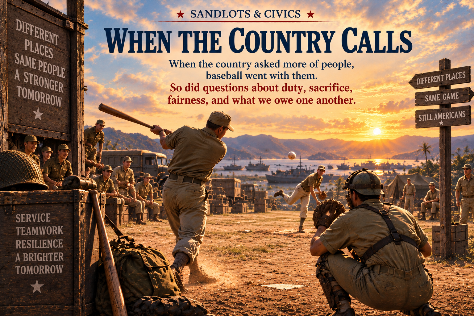 Service members play baseball in a wartime setting beneath the title When the Country Calls, surrounded by references to duty, sacrifice, fairness, teamwork, and shared responsibility.