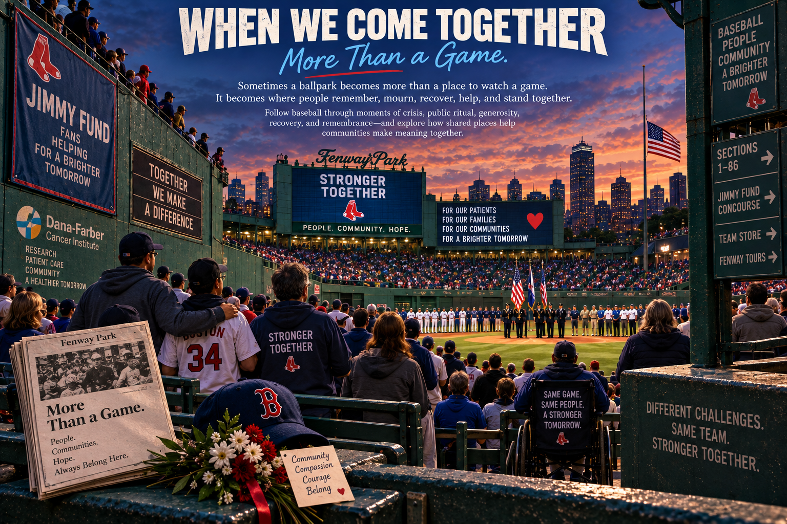 A community gathers at Fenway Park for remembrance and support beneath the title When We Come Together. Jimmy Fund and Dana-Farber references connect the ballpark to care, recovery, and collective memory.