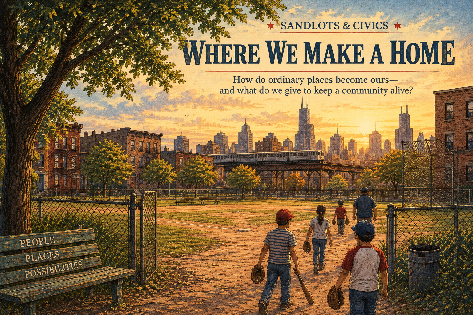 Illustrated Chicago neighborhood sandlot at sunset with children entering the field. The artwork reads Where We Make a Home and asks how ordinary places become ours—and what we give to keep a community alive.