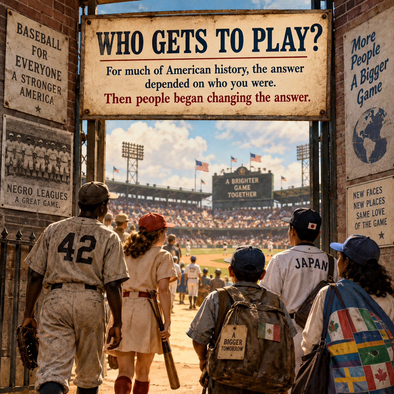 A diverse group of players and fans enters a ballpark beneath the title Who Gets to Play? The artwork says that for much of American history, the answer depended on who you were—and then people began changing the answer.