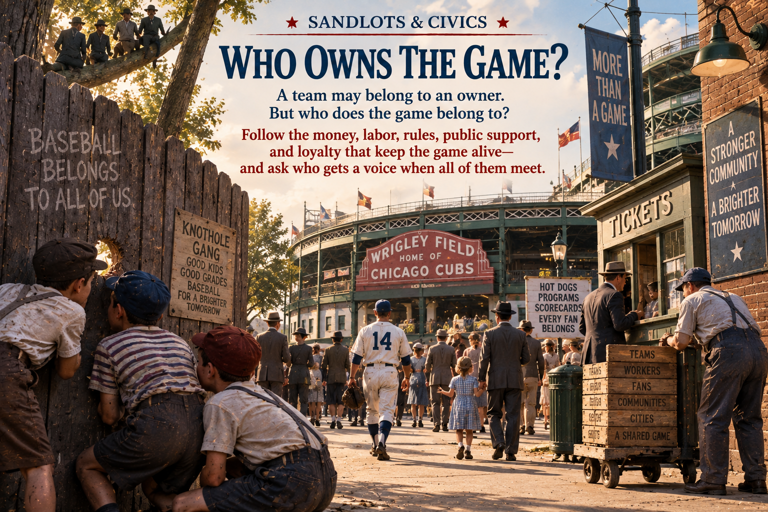 Workers, families, fans, and players gather outside Wrigley Field beneath the title Who Owns the Game? Children watch through a Knothole Gang fence beside signs about tickets, labor, public support, and community stake.