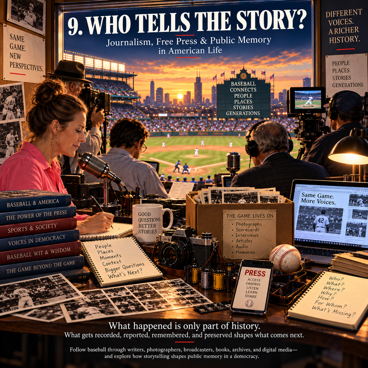 Journalists, photographers, broadcasters, and digital storytellers work in a crowded press box overlooking a Chicago ballpark at sunset beneath the title Who Tells the Story? The artwork connects baseball journalism, free press, archives, and public memory.