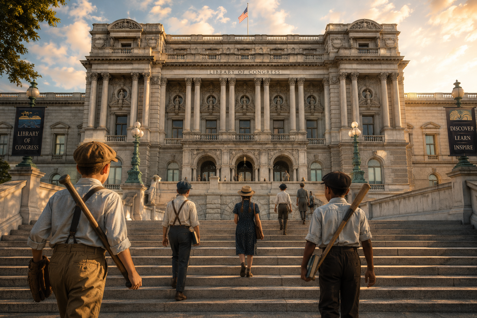 An illustration of young people carrying baseball equipment and books up the steps toward the Library of Congress.