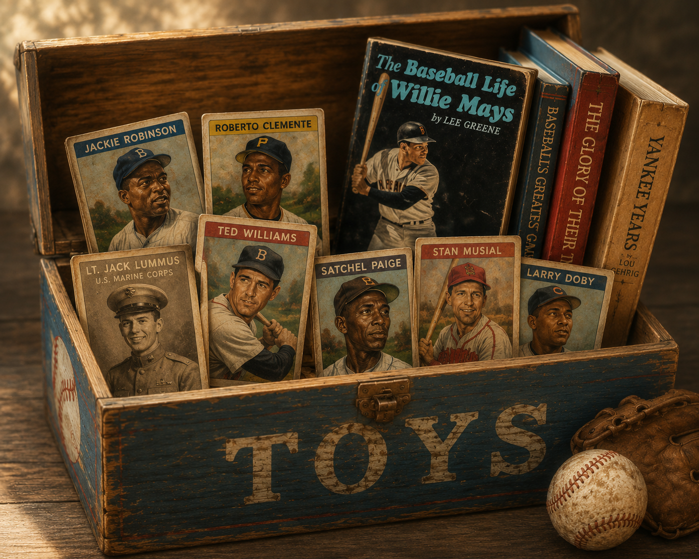 An open wooden toy box filled with baseball cards and books, with a worn baseball and glove beside it.