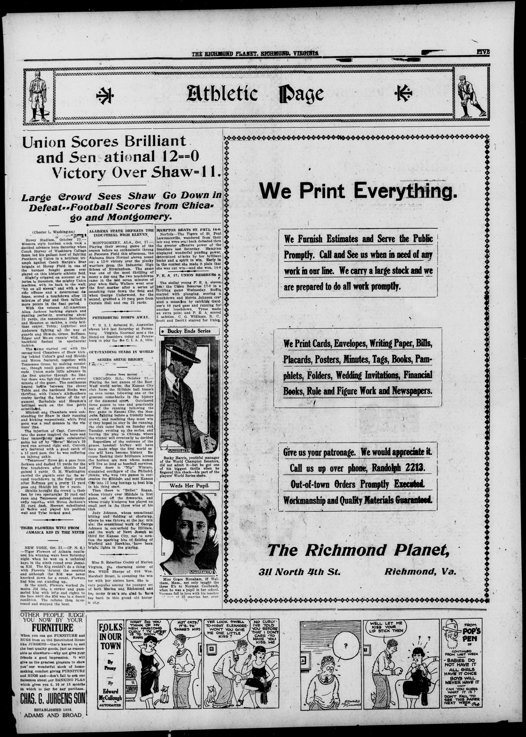 Page 5 of the October 25, 1924 Richmond Planet, an Athletic Page containing the headline Outstanding Stars in World Series Shine Bright.